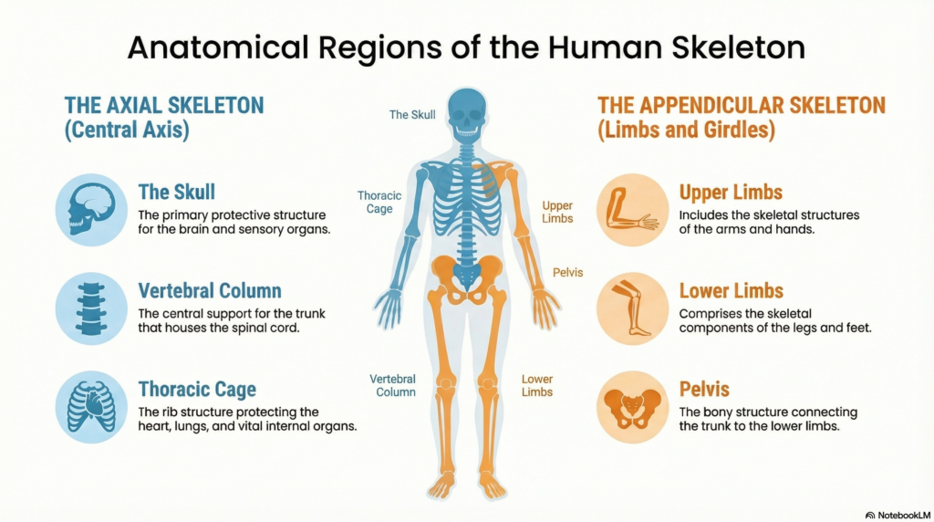 medical infographic showing the human skeleton divided into labeled regions — skull, vertebral column, thoracic cage, upper limbs, lower limbs, and pelvis (osteology)