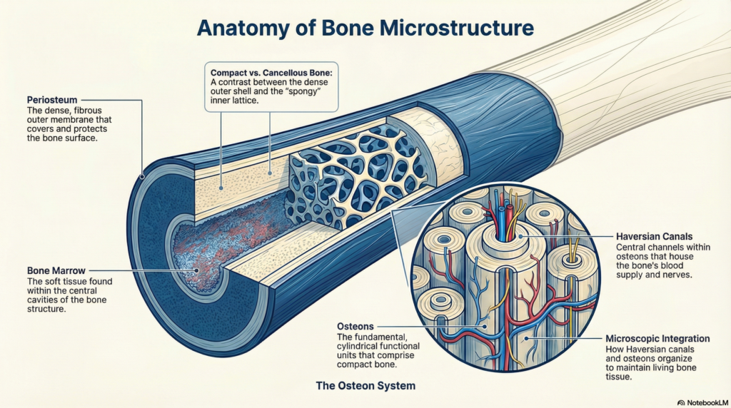 A highly detailed scientific cross-section illustration of compact and cancellous bone microstructure