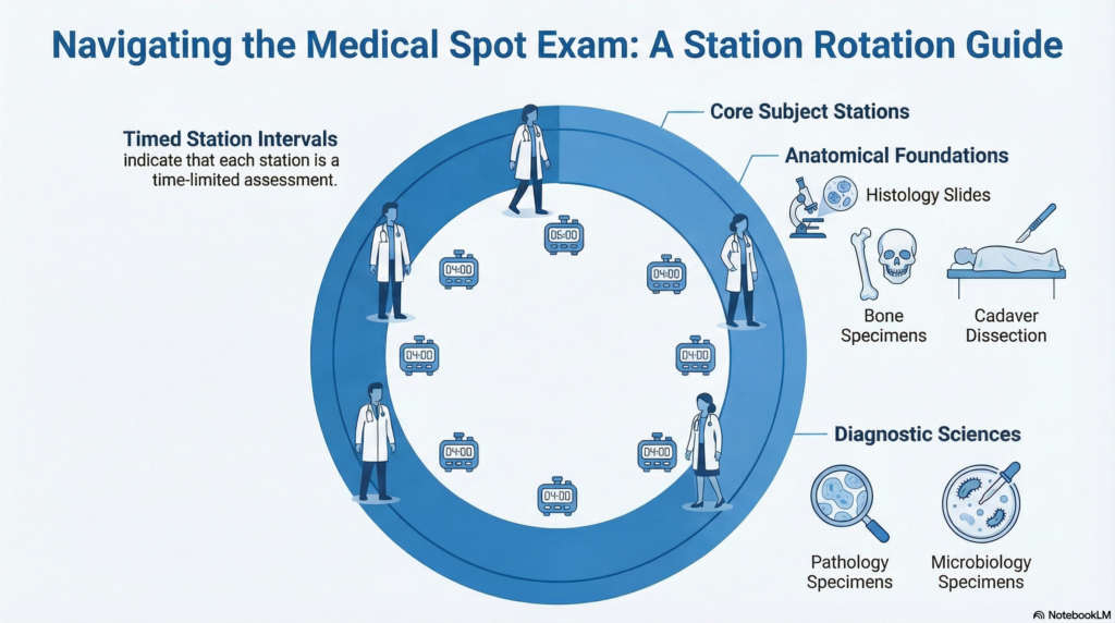 infographic showing a circular rotation diagram of spot exam stations