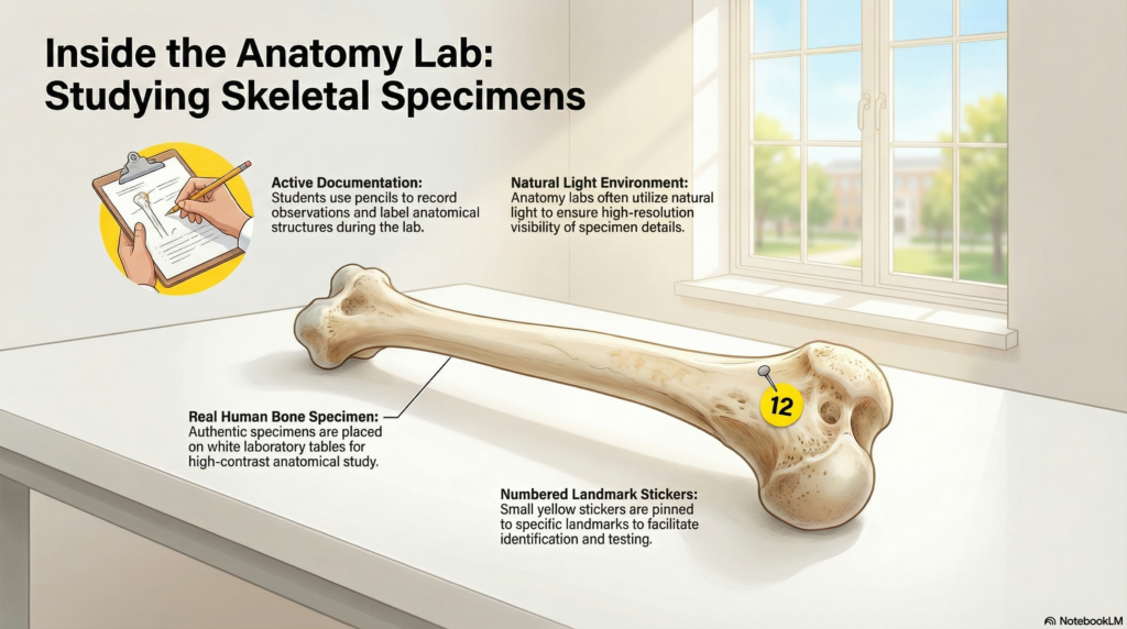 A close-up photograph of a real human bone specimen on a white laboratory table with small numbered yellow stickers pinned to specific anatomical landmarks