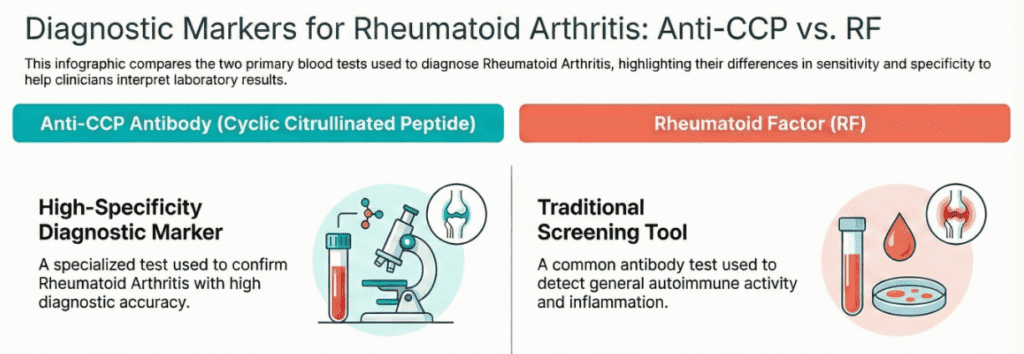 medical infographic comparing Anti-CCP antibody and Rheumatoid Factor tests side by side