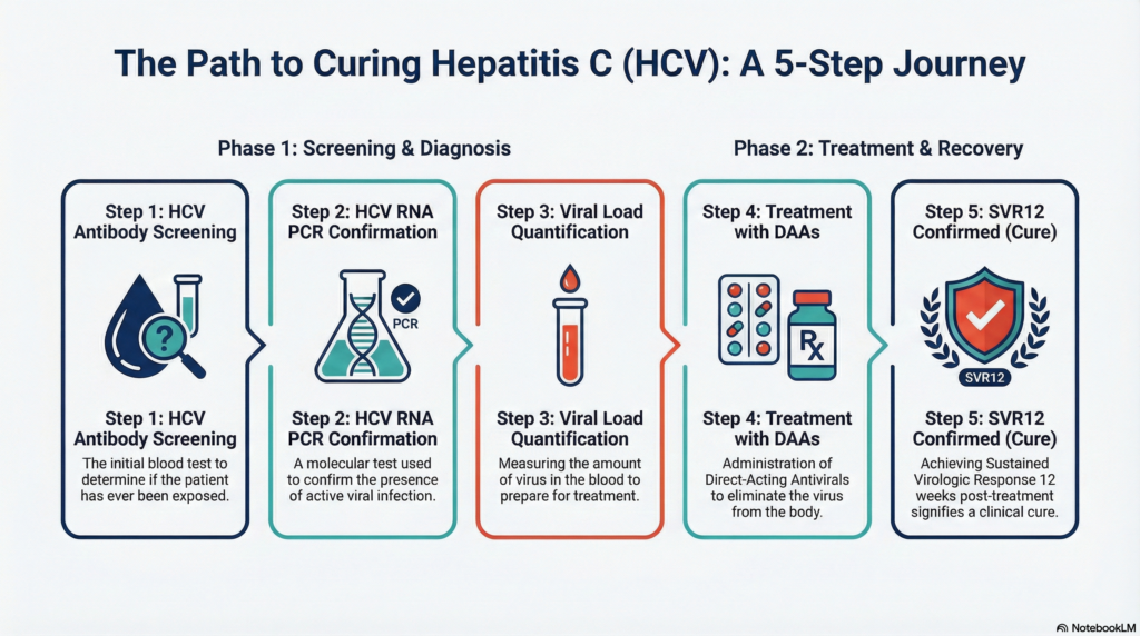 A clean flat-design medical infographic illustrating the HCV testing pathway