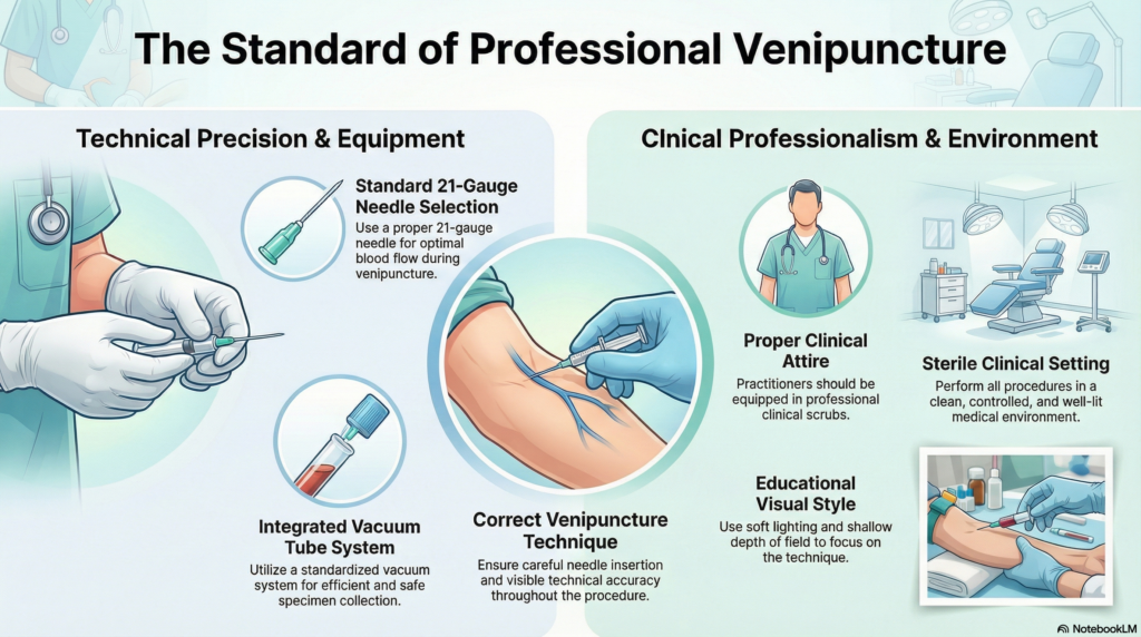 photograph of a skilled phlebotomist in clinical scrubs performing a careful venipuncture on a patient's arm