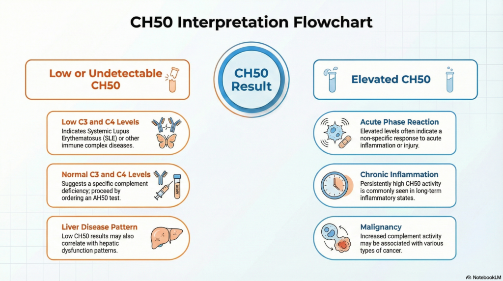 clinical decision-making flowchart poster on white background showing CH50 interpretation