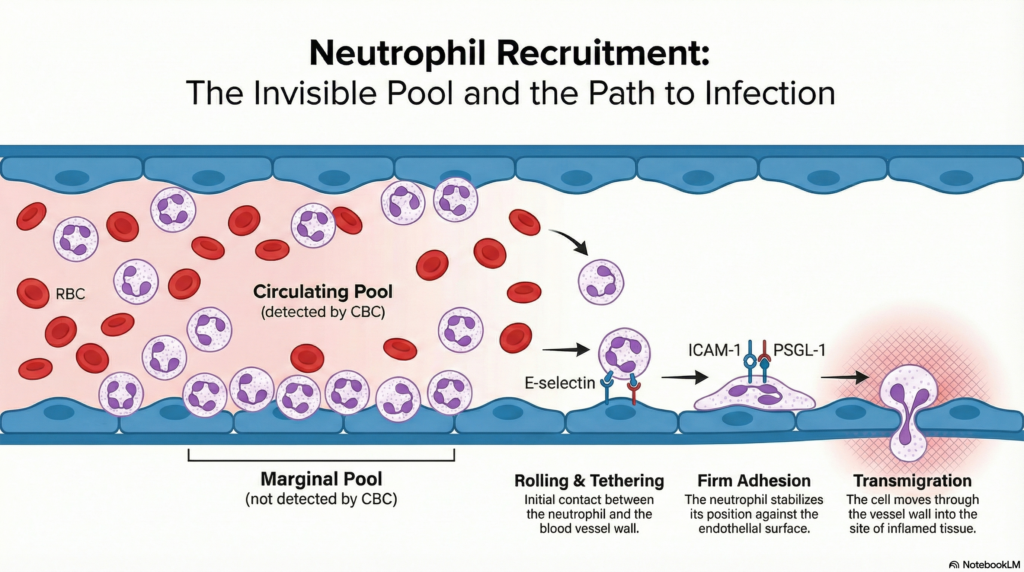 medical science illustration showing a cross-section of a blood vessel during infection
