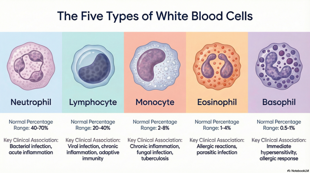 medical infographic showing five types of white blood cells