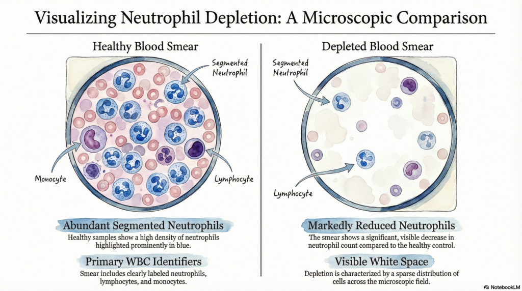 a microscopy view of a healthy and a depleted blood smear