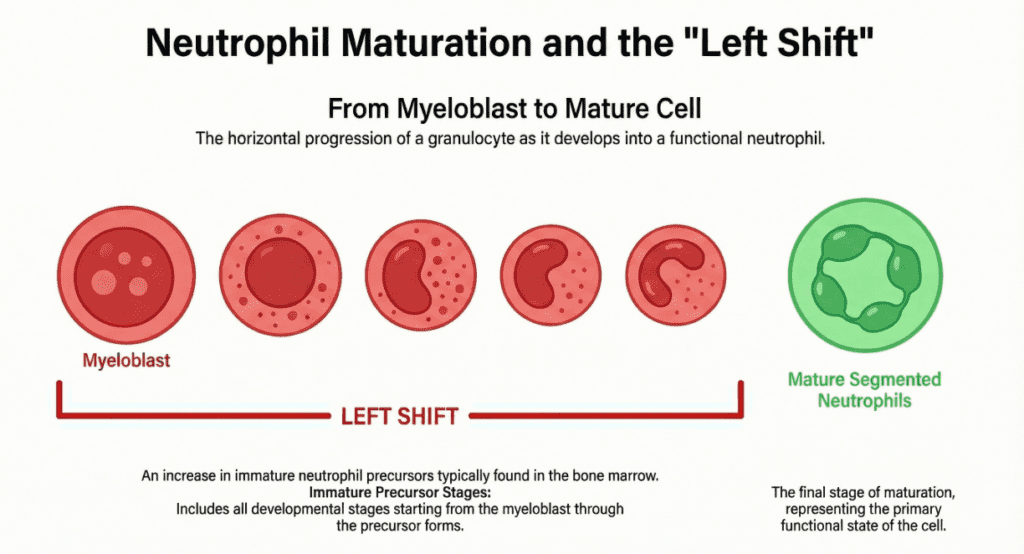 medical infographic showing a horizontal maturation sequence of neutrophil granulocytes from myeloblast to segmented neutrophil