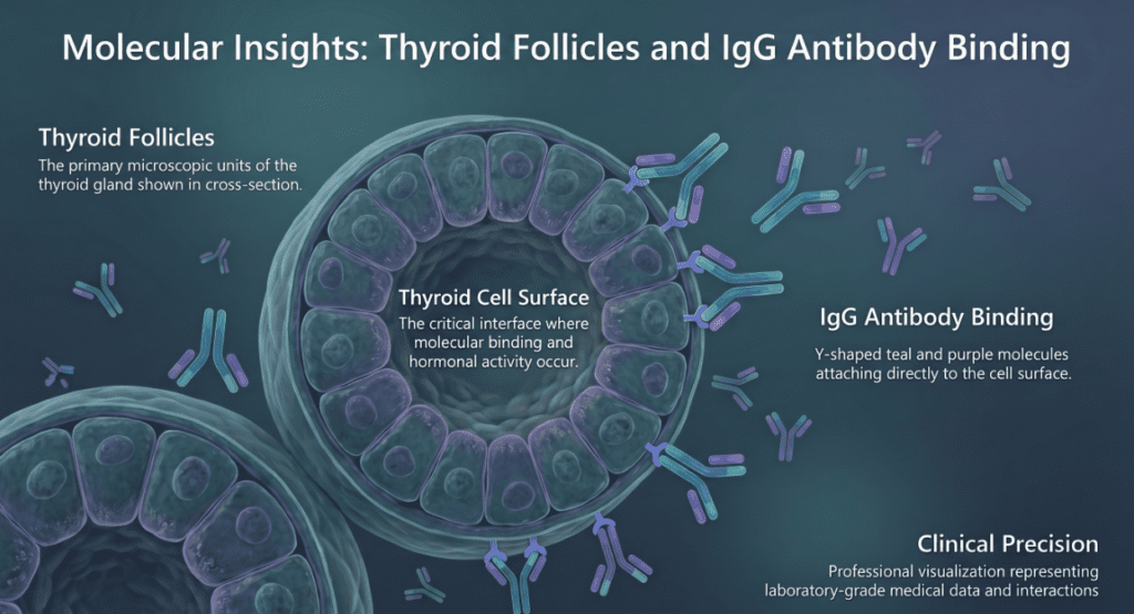 Thyroid follicles and IgG andtibody binding
